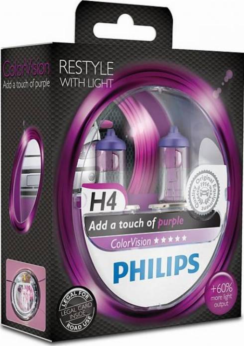 PHILIPS 12342CVPPS2 - Лампа Philips 12-60/55 Вт. H4 Color Vision галогеновая розовая, комплект 2шт 12342CVPPS2/36791128 Ге autosila-amz.com