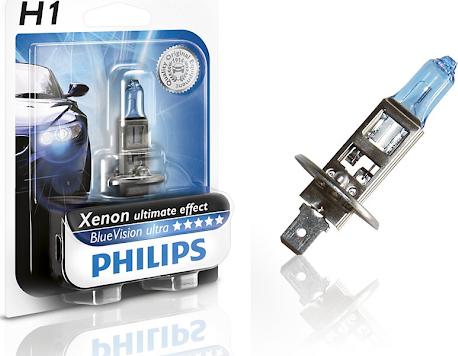 PHILIPS 12258BVUB1 - лампа! (H1) 12V 55W P14.5S галогенная голубая в блистере BlueVision Ultra\ autosila-amz.com
