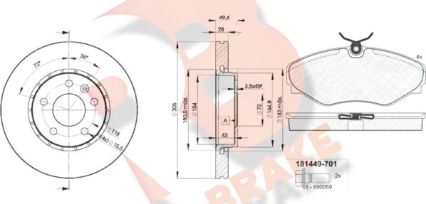 R Brake 3R14496845 - Дисковый тормозной механизм, комплект autosila-amz.com