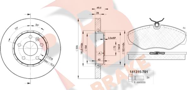 R Brake 3R13156845 - Дисковый тормозной механизм, комплект autosila-amz.com