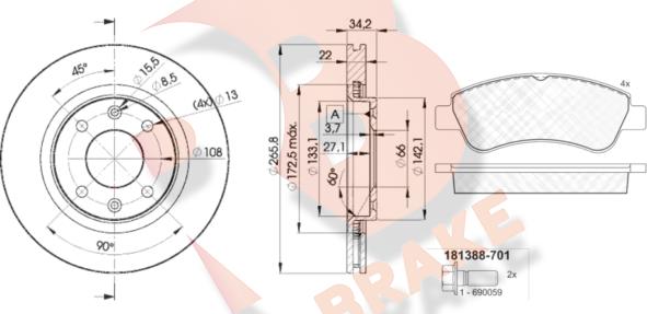 R Brake 3R13884750 - Дисковый тормозной механизм, комплект autosila-amz.com