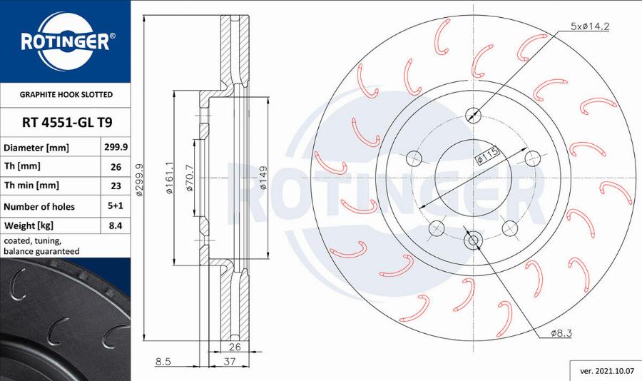 Rotinger RT 4551-GL T9 - Диск тормозной графитовый с крюкообразными насечками autosila-amz.com