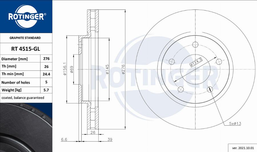 Rotinger RT 4515-GL - Диск тормозной с графитовым покрытием MITSUBISHI LANCER (276X46) autosila-amz.com