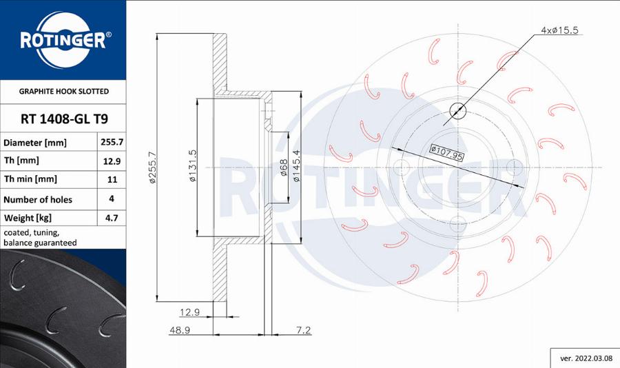 Rotinger RT 1408-GL T9 - Тормозной диск autosila-amz.com