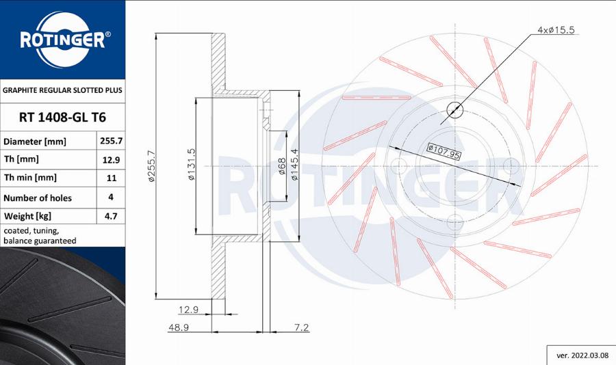 Rotinger RT 1408-GL T6 - Тормозной диск autosila-amz.com