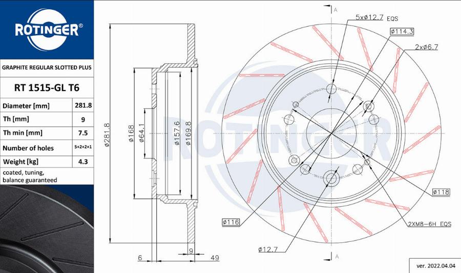 Rotinger RT 1515-GL T6 - Тормозной диск autosila-amz.com