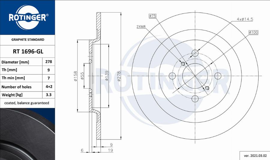 Rotinger RT 1696-GL - Тормозной диск autosila-amz.com