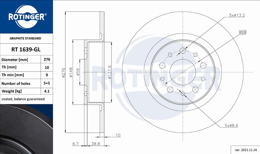 Rotinger RT 1639-GL - Тормозной диск autosila-amz.com
