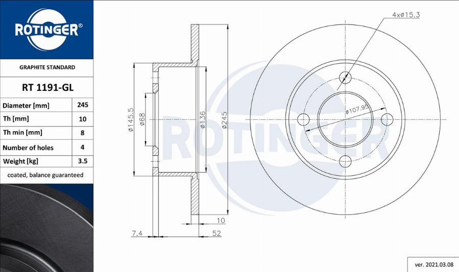 Rotinger RT 1191-GL - Тормозной диск autosila-amz.com