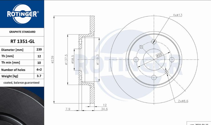 Rotinger RT 1351-GL - Тормозной диск autosila-amz.com