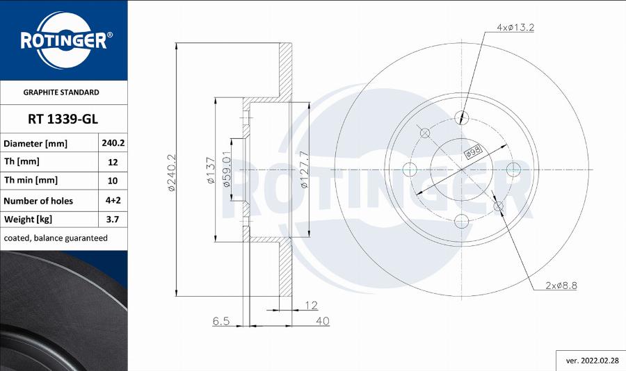 Rotinger RT 1339-GL - Тормозной диск autosila-amz.com