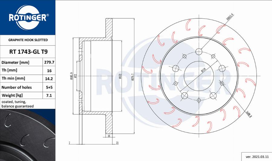 Rotinger RT 1743-GL T9 - Диск тормозной графитовый с крюкообразными насечками autosila-amz.com