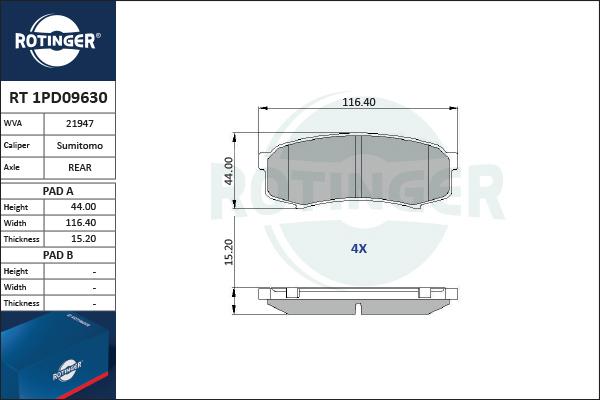 Rotinger RT 1PD09630 - Тормозные колодки, дисковые, комплект autosila-amz.com