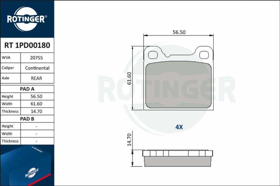 Rotinger RT 1PD00180 - Тормозные колодки, дисковые, комплект autosila-amz.com