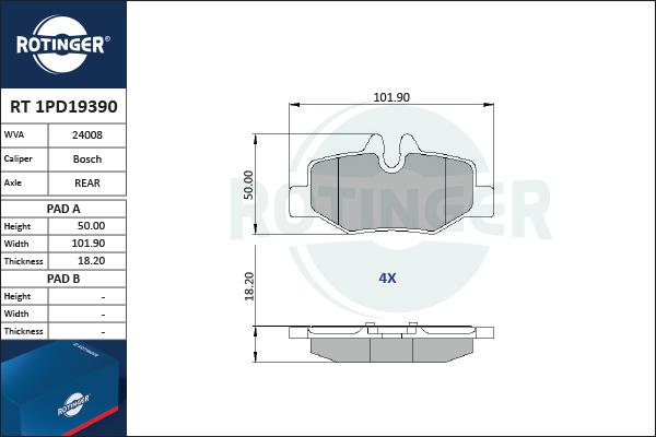 Rotinger RT 1PD19390 - Тормозные колодки, дисковые, комплект autosila-amz.com