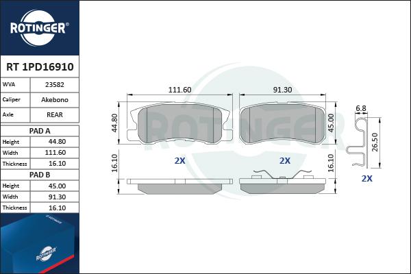 Rotinger RT 1PD16910 - Тормозные колодки, дисковые, комплект autosila-amz.com