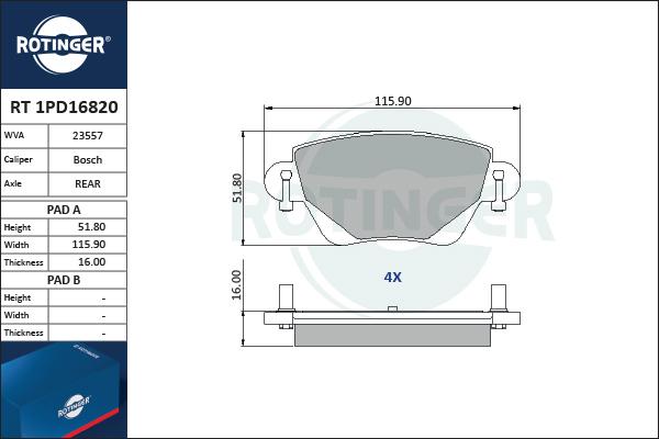 Rotinger RT 1PD16820 - Тормозные колодки, дисковые, комплект autosila-amz.com