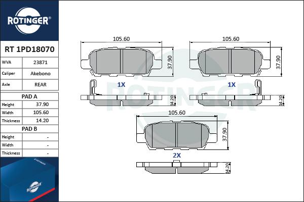 Rotinger RT 1PD18070 - Тормозные колодки, дисковые, комплект autosila-amz.com