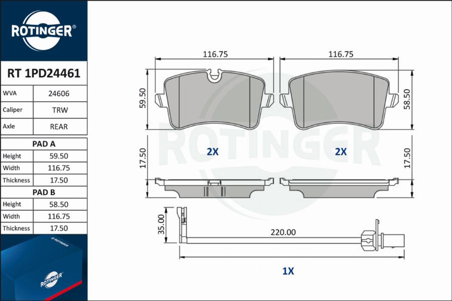 Rotinger RT 1PD24461 - Комплект дисковых тормозных колодок с датчиком износа autosila-amz.com