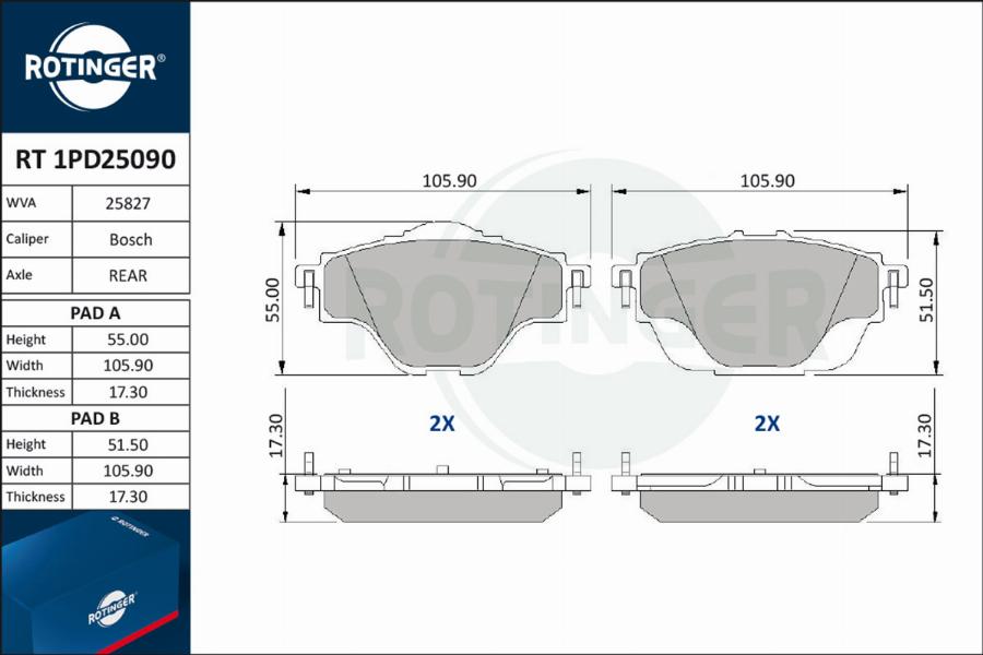 Rotinger RT 1PD25090 - Тормозные колодки, дисковые, комплект autosila-amz.com