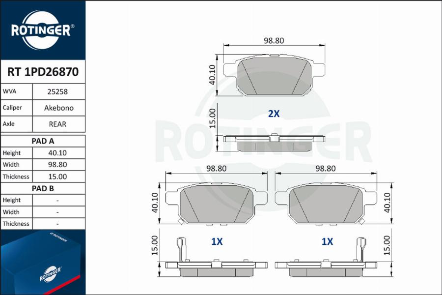 Rotinger RT 1PD26870 - Тормозные колодки, дисковые, комплект autosila-amz.com