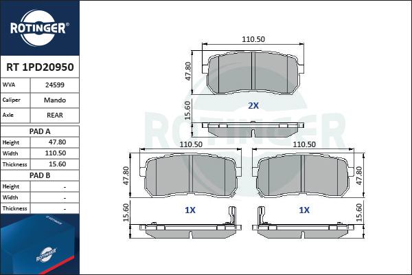 Rotinger RT 1PD20950 - Тормозные колодки, дисковые, комплект autosila-amz.com