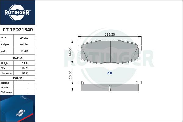 Rotinger RT 1PD21540 - Тормозные колодки, дисковые, комплект autosila-amz.com