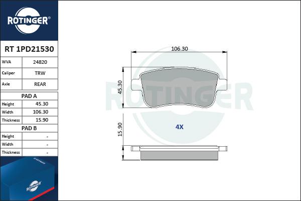 Rotinger RT 1PD21530 - Тормозные колодки, дисковые, комплект autosila-amz.com