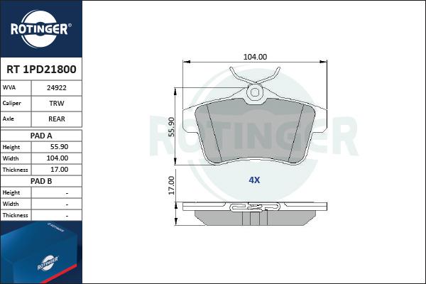 Rotinger RT 1PD21800 - Тормозные колодки, дисковые, комплект autosila-amz.com