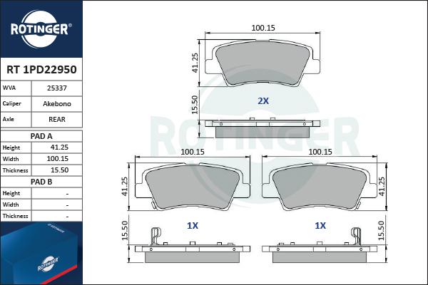 Rotinger RT 1PD22950 - Тормозные колодки, дисковые, комплект autosila-amz.com