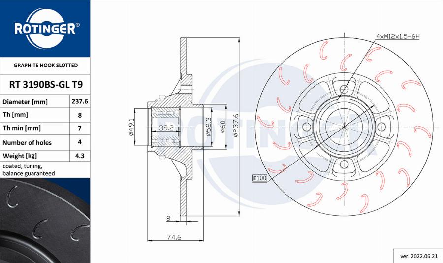 Rotinger RT 3190BS-GL T9 - Тормозной диск autosila-amz.com