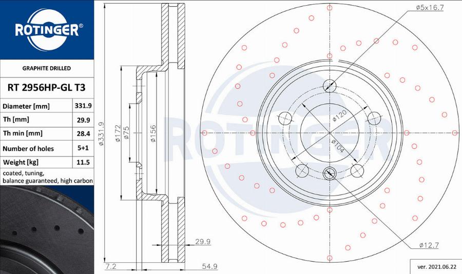 Rotinger RT 2956HP-GL T3 - Тормозной диск autosila-amz.com