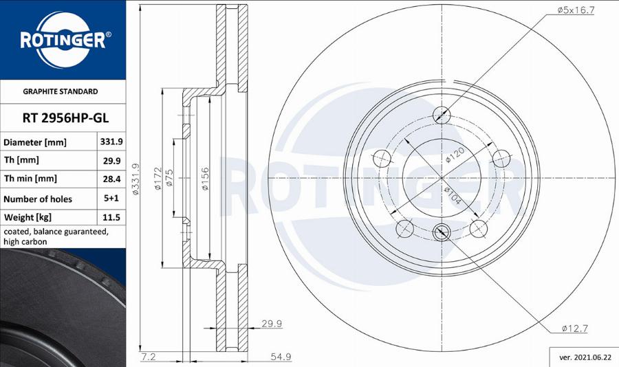 Rotinger RT 2956HP-GL - Тормозной диск autosila-amz.com