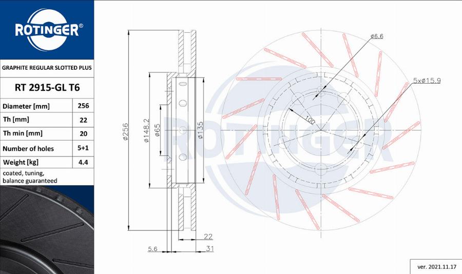 Rotinger RT 2915-GL T6 - Тормозной диск autosila-amz.com