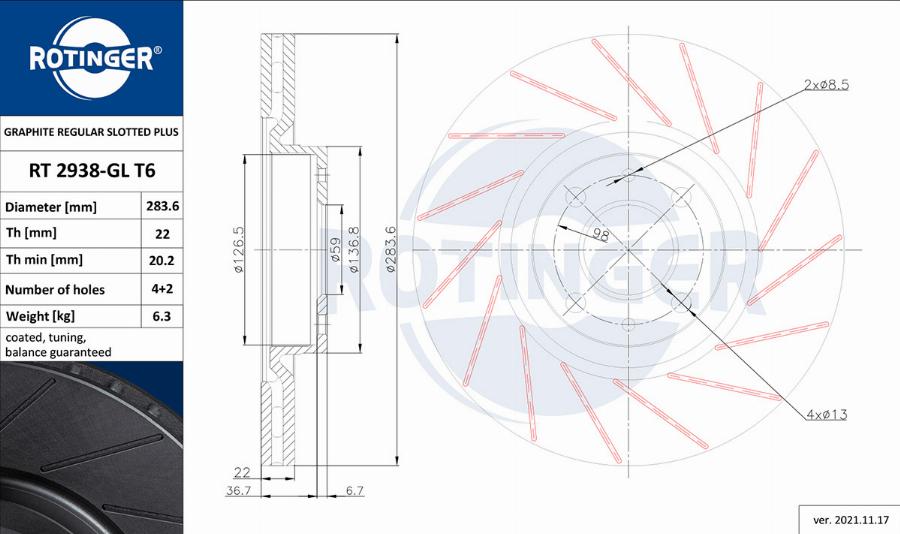 Rotinger RT 2938-GL T6 - Тормозной диск autosila-amz.com