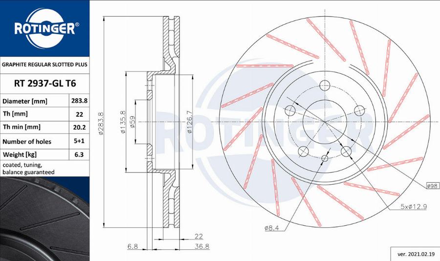 Rotinger RT 2937-GL T6 - Тормозной диск autosila-amz.com