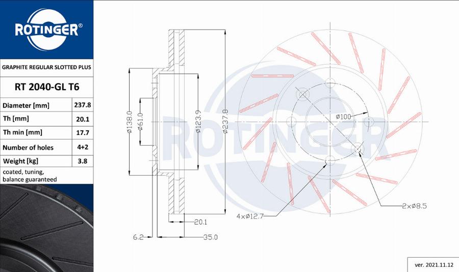Rotinger RT 2040-GL T6 - Тормозной диск autosila-amz.com