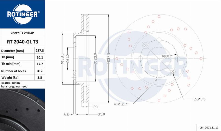 Rotinger RT 2040-GL T3 - Тормозной диск autosila-amz.com