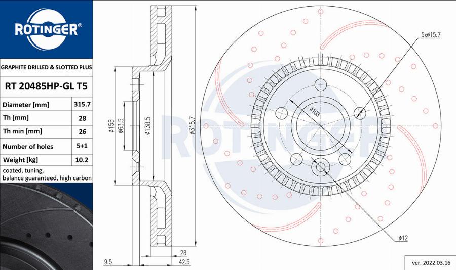 Rotinger RT 20485HP-GL T5 - Тормозной диск autosila-amz.com