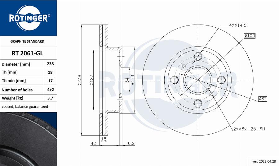 Rotinger RT 2061-GL - Тормозной диск autosila-amz.com