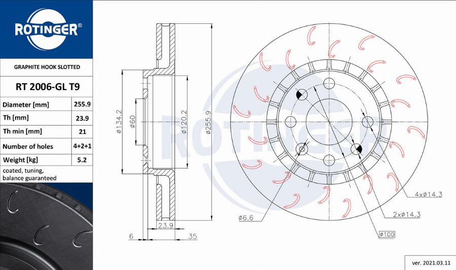 Rotinger RT 2006-GL T9 - Диск тормозной графитовый с крюкообразными насечками autosila-amz.com