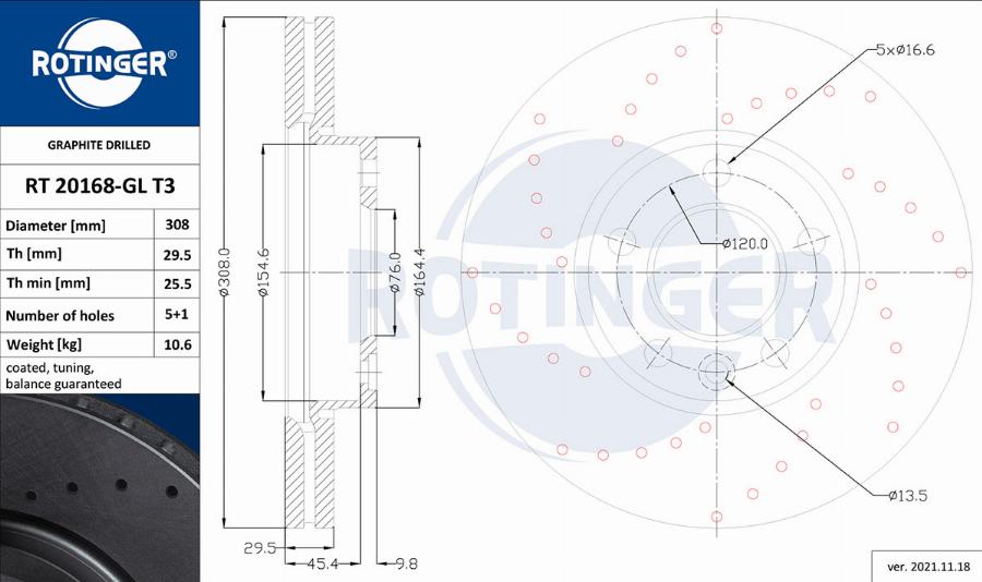 Rotinger RT 20168-GL T3 - Диск тормозной графитовый с перфорацией autosila-amz.com