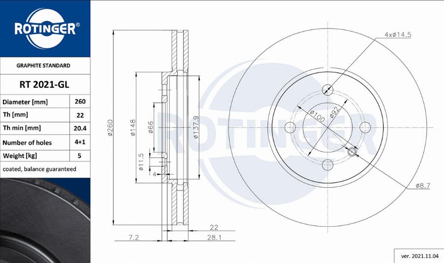 Rotinger RT 2021-GL - Тормозной диск autosila-amz.com