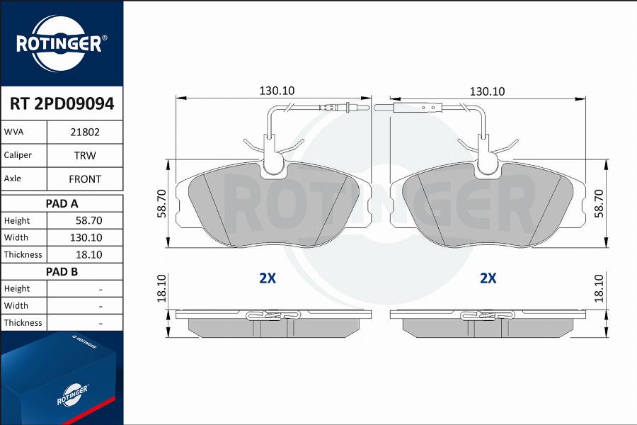 Rotinger RT 2PD09094 - Комплект дисковых тормозных колодок с датчиком износа autosila-amz.com