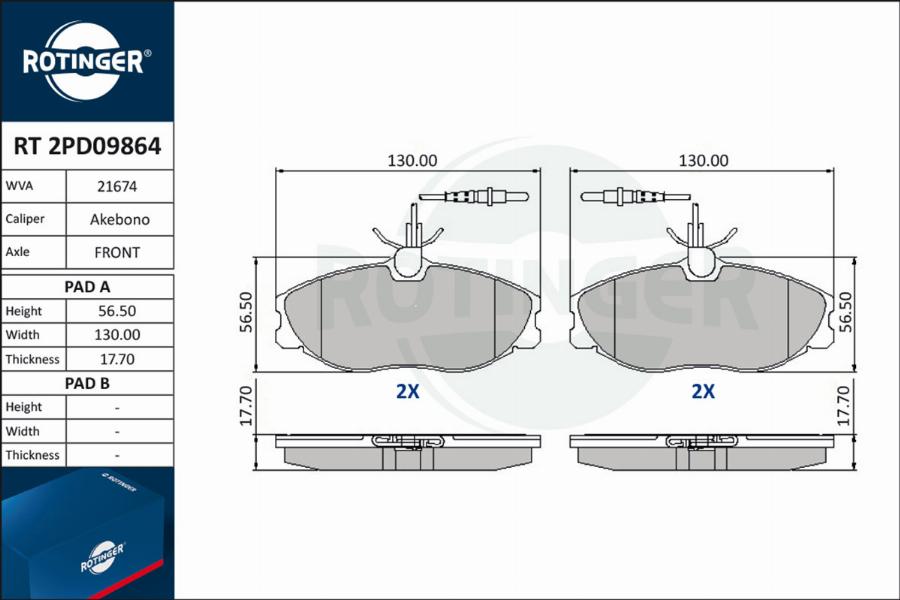 Rotinger RT 2PD09864 - Тормозные колодки, дисковые, комплект autosila-amz.com