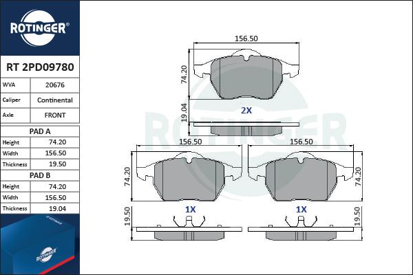 Rotinger RT 2PD09780 - Тормозные колодки, дисковые, комплект autosila-amz.com