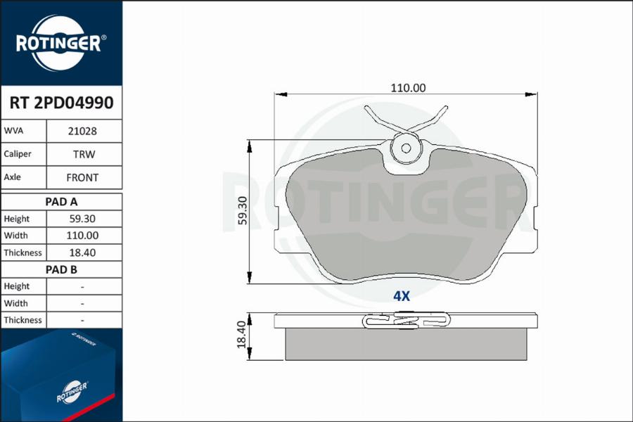 Rotinger RT 2PD04990 - Тормозные колодки, дисковые, комплект autosila-amz.com