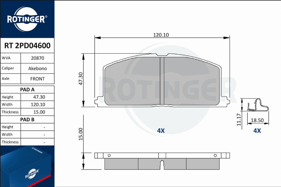 Rotinger RT 2PD04600 - Тормозные колодки, дисковые, комплект autosila-amz.com