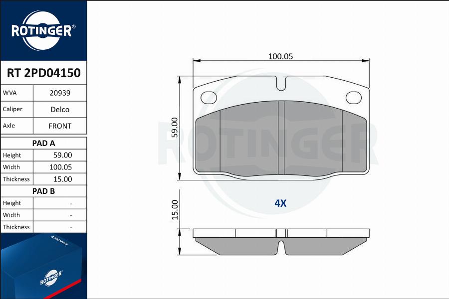 Rotinger RT 2PD04150 - Тормозные колодки, дисковые, комплект autosila-amz.com