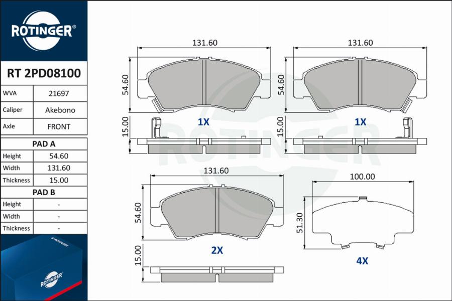 Rotinger RT 2PD08100 - Тормозные колодки, дисковые, комплект autosila-amz.com